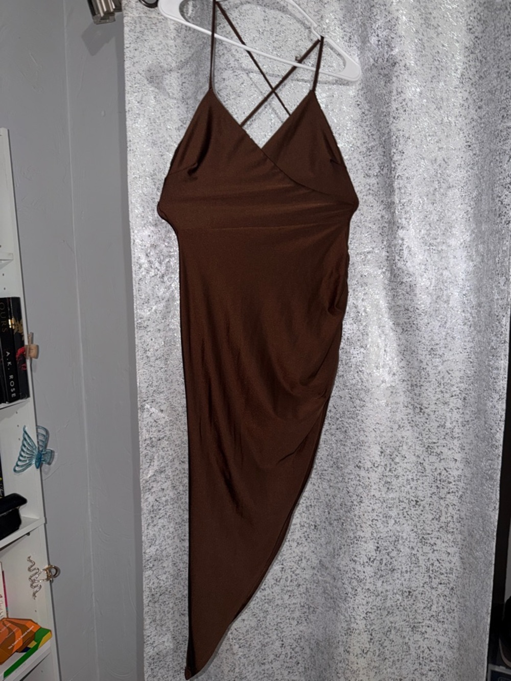 Brown Asymmetric Slip Dress with Crisscross Straps